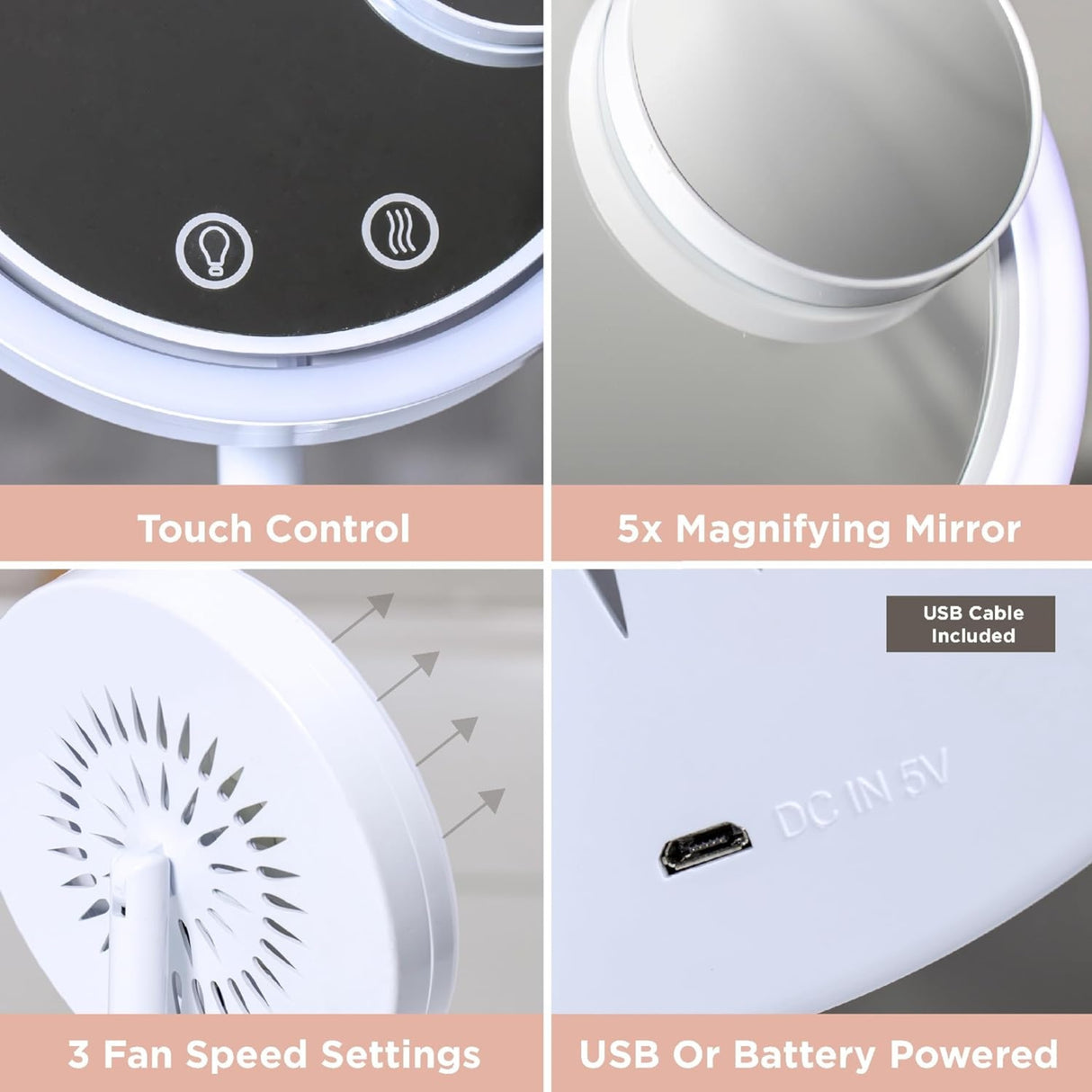 CoolAire Mirror – LED-Lit Makeup Mirror with Built-In Cooling Fan